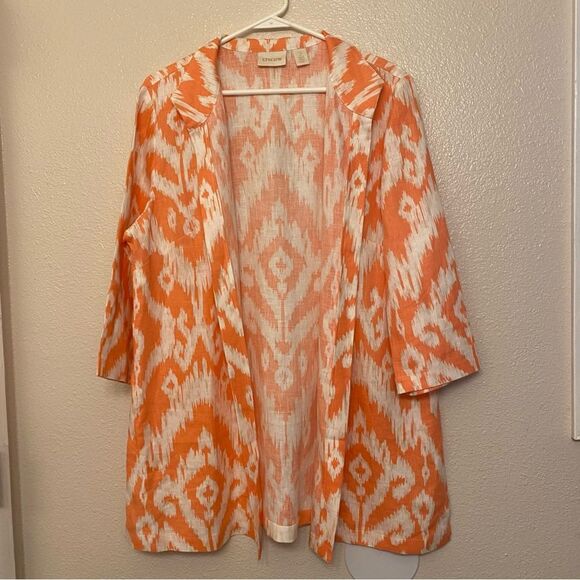 Chicos coral IKAT Print 100% Linen cardigan jacket Sunrise Orange EUC 2 L 12 - Picture 1 of 10